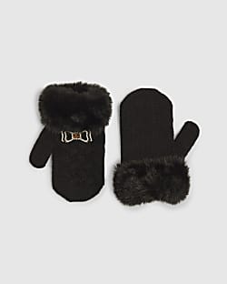 Mini Girls Black Fur Cuff Mittens