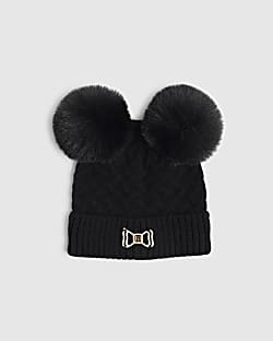 Mini Girls Black Double Pom Beanie
