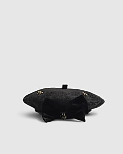 Girls Black Bow Boucle Beret