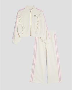Girls Cream Frilled Taped Tracksuit Set