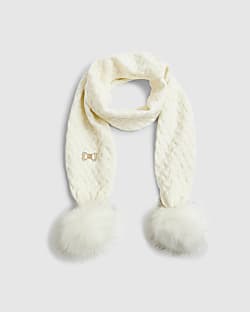 Girls Cream Knitted Pom Pom Scarf
