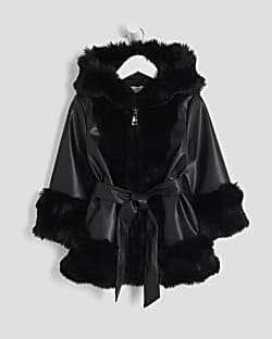 Mini Girls Black Faux Fur Wrap Hooded Coat