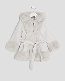 Mini Girls Grey Faux Fur Wrap Hooded Coat