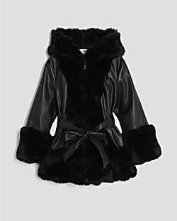 Girls Black Faux Fur Wrap Hooded Coat