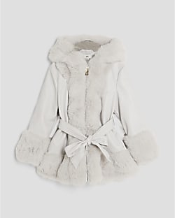 Girls Grey Faux Fur Wrap Hooded Coat