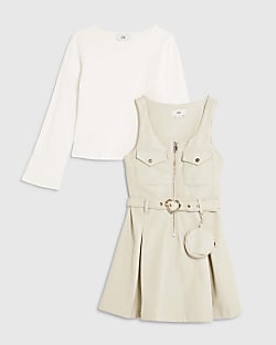 Girls Cream Faux Leather Pinafore Dress Set
