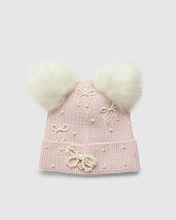Girls Pink Pearl Bow Beanie Hat