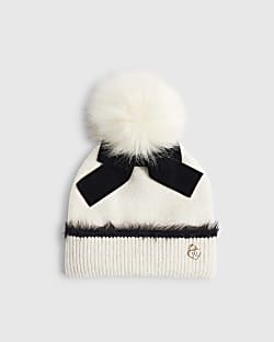 Girls Cream 3D Bow Beanie Hat