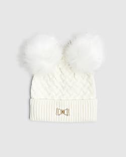 Girls Cream Double Pom Beanie