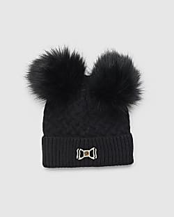 Girls Black Double Pom Beanie