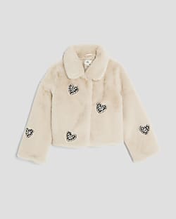 Girls Cream Heart Embellished Faux Fur Jacket