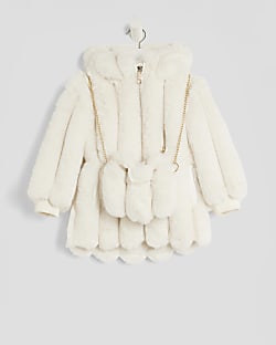 Mini Girls Beige Faux Fur Coat With Bag