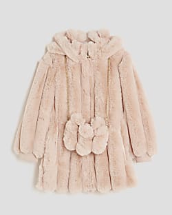  Girls Pink Faux Fur Coat With Bag