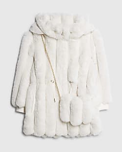 Girls Beige Light Faux Fur Coat & Bag Set