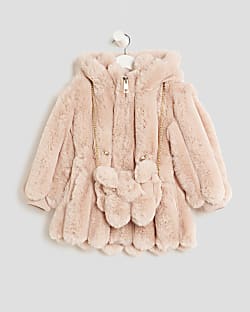 Mini Girls Pink Faux Fur Coat With Bag