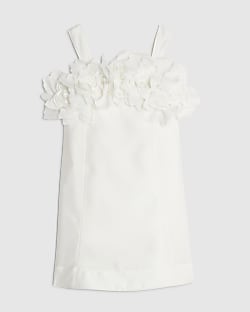 Girls White 3D Flower Mini Shift Dress