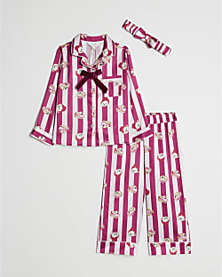 Mini Girls Pink Teddy Stripe Pyjamas Set