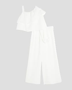Girls White Ruffle Top And Trousers Set