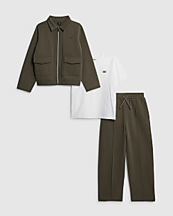 Boys Khaki Textured Jacket 3 Piece Set