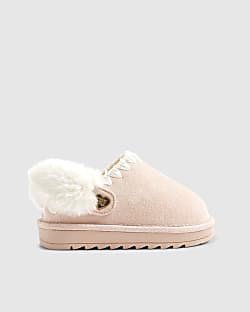 Mini Girls Pink Faux Fur Trim Strap Slippers