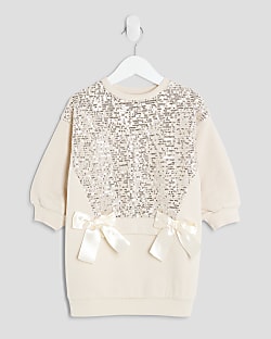 Mini Girls Cream Sequin Sweatshirt Dress