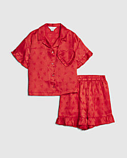Girls Red Satin Heart Pyjamas Set