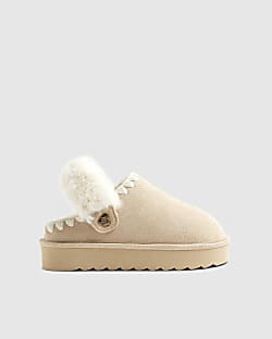 Girls Cream Faux Fur Trim Strap Slippers