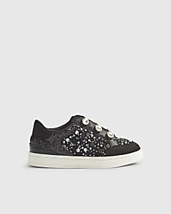 Girls Black Boucle Gem Eyelet Trainers