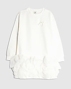 Girls White Rosette Hem Sweatshirt Dress