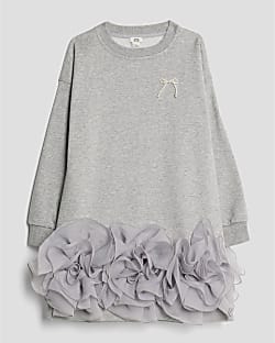 Girls Grey Rosette Hem Sweatshirt Dress