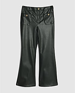 Girls Black Faux Leather Flared Trousers