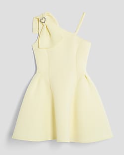 Girls Yellow One Shoulder Bow Skater Dress