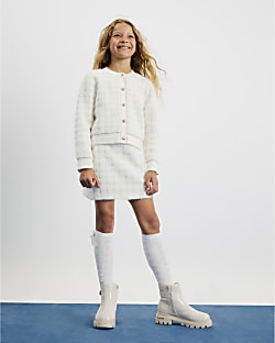 Girls Cream Fluffy Check Cardigan Set