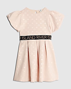 Girls Beige Embossed RI Monogram Dress