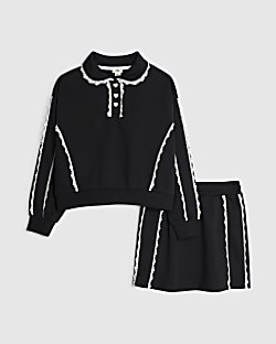 Girls Black Lace Trim Skirt & Sweatshirt Set