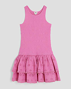 Girls Pink Shirred Broderie Rara Dress