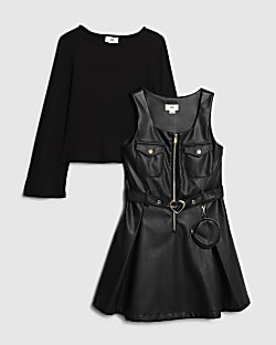 Girls Black Faux Leather Pinafore Dress Set