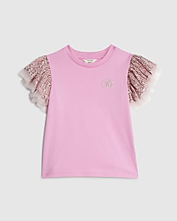 Mini Girls White Sequin Frill Sleeve T-Shirt