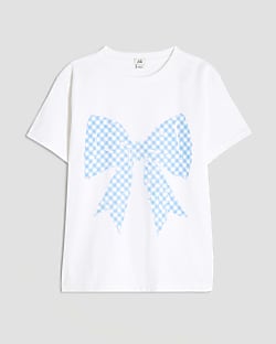Girls White Gingham Bow T-Shirt
