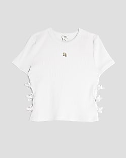 Girls White Ribbed Bow Side Top