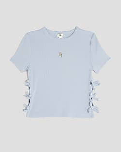 Girls Blue Ribbed Bow Side Top