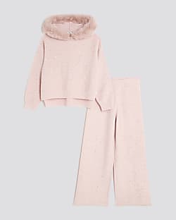 Girls Pink Sequin Faux Fur Hooded Hoodie Set