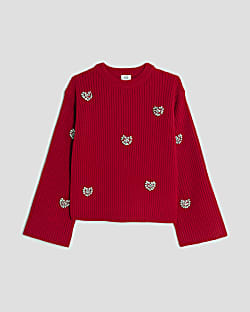 Girls Red Embellished Heart Jumper