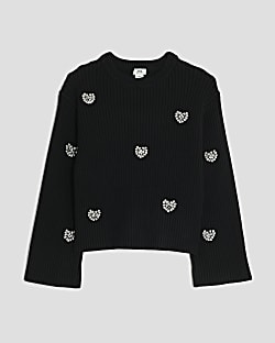 Girls Black Embellished Heart Jumper