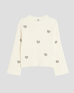 Girls White Embellished Heart Jumper