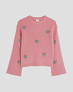 Girls Pink Embellished Heart Jumper
