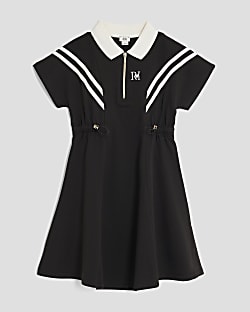 Girls Black Draw Cord Polo Dress