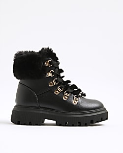 Girls Black Lace Up Hiker Boots