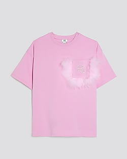 Girls Pink  Feather Chest Pocket T-Shirt