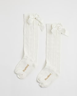 Girls White Pack Of 2 Bow Knee High Socks